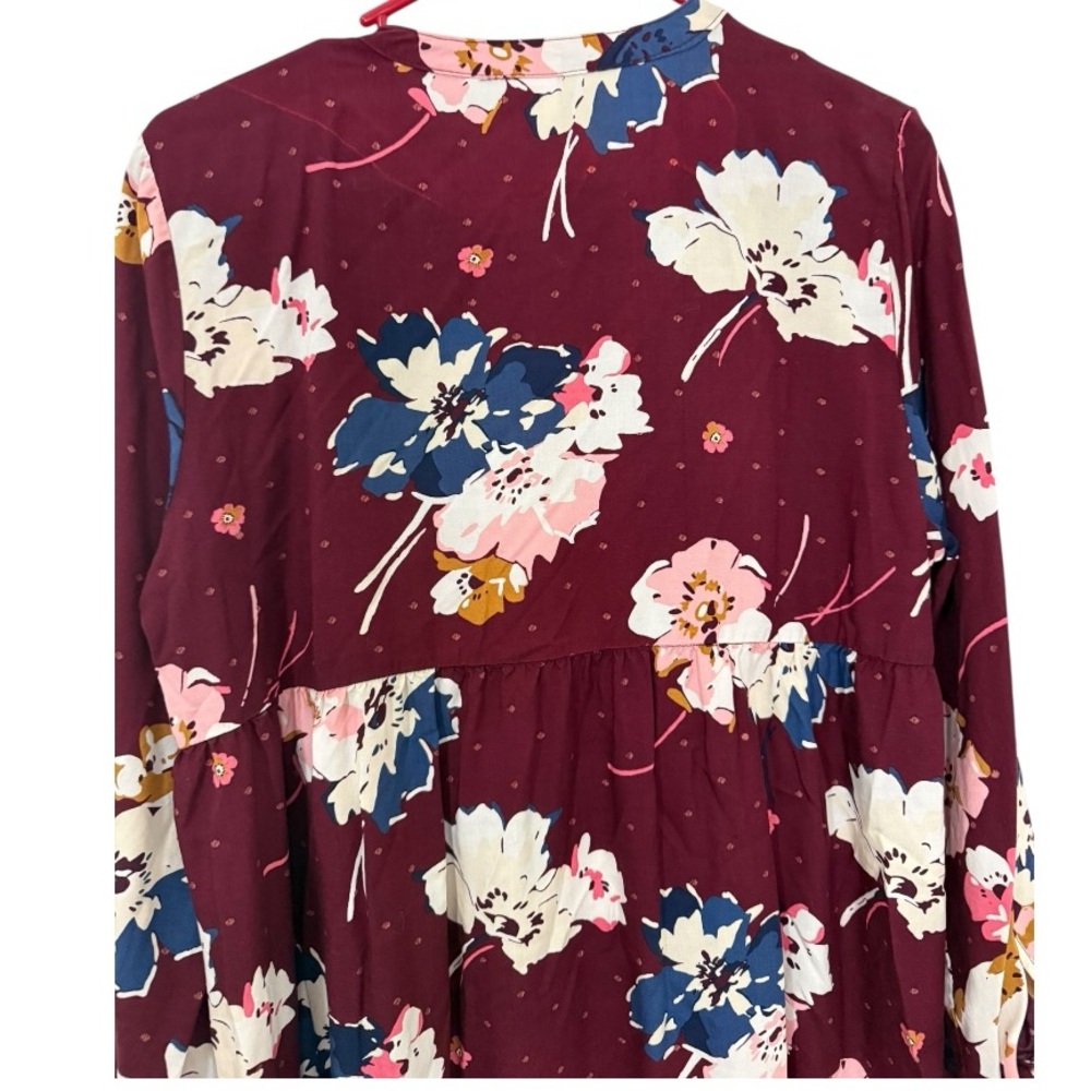 Old Navy Floral Boho Dress Large Burgundy Lace Up Long Sleeve Peasant Mini Dress - Picture 6 of 7